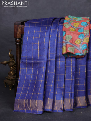 Blue & Rust Pure Tussar Silk - Kalamkari Blouse