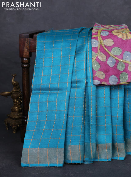 Cs Blue & Magenta Pink Pure Tussar Silk - Kalamkari Blouse