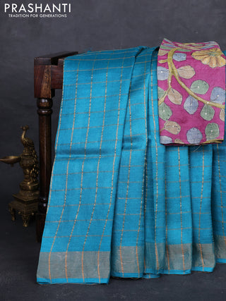 Cs Blue & Magenta Pink Pure Tussar Silk - Kalamkari Blouse