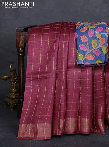 Maroon & Blue Pure Tussar Silk - Kalamkari Blouse