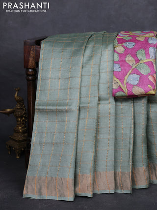 Pastel Green & Magenta Pink Pure Tussar Silk - Kalamkari Blouse