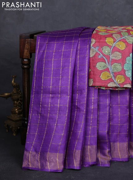 Purple & Pink Pure Tussar Silk - Kalamkari Blouse