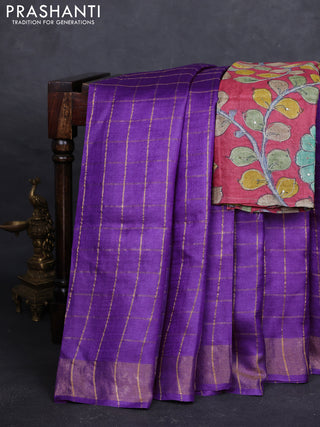 Purple & Pink Pure Tussar Silk - Kalamkari Blouse
