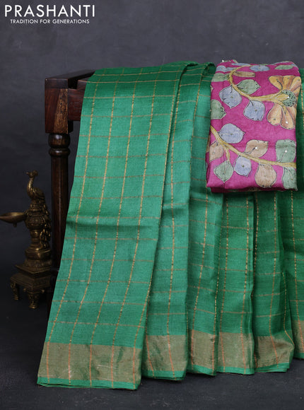 Green & Magenta Pink Pure Tussar Silk - Kalamkari Blouse