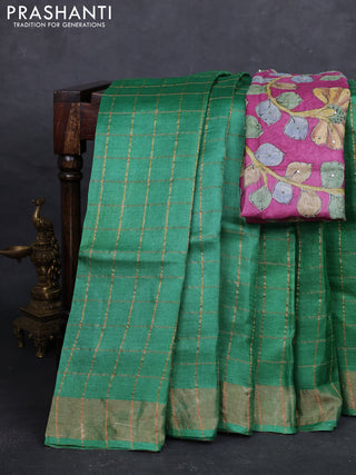Green & Magenta Pink Pure Tussar Silk - Kalamkari Blouse