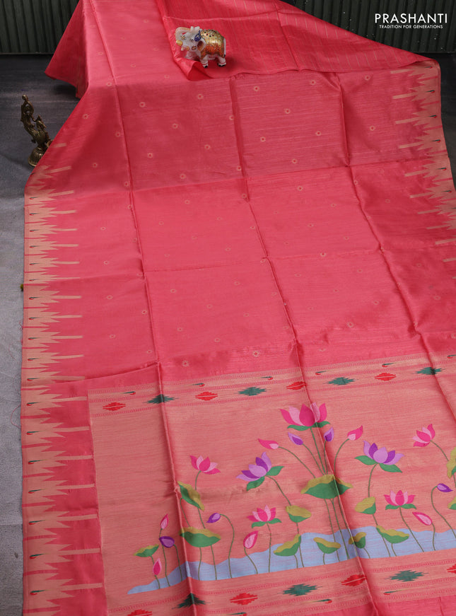 Peach Red Semi Paithani Saree