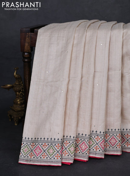 Cream & Pink Pure Tussar Silk - Embroidery