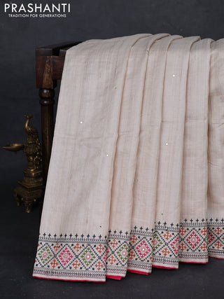 Cream & Pink Pure Tussar Silk - Embroidery