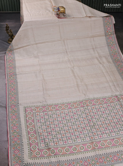 Cream & Pink Pure Tussar Silk - Embroidery