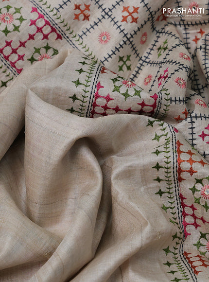 Cream & Pink Pure Tussar Silk - Embroidery
