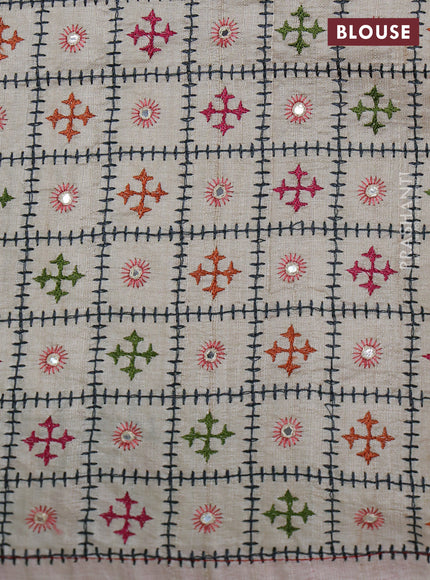 Cream & Pink Pure Tussar Silk - Embroidery