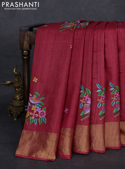 Red Pure Tussar Silk - Embroidery