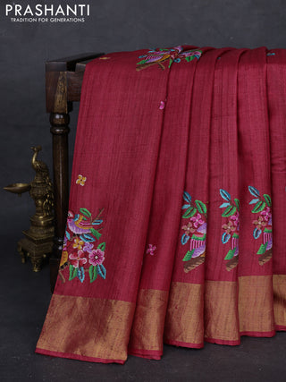 Red Pure Tussar Silk - Embroidery