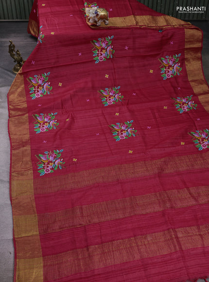 Red Pure Tussar Silk - Embroidery