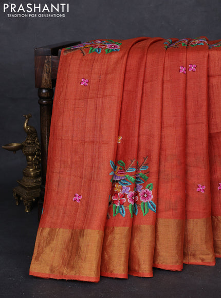 Orange Pure Tussar Silk - Embroidery