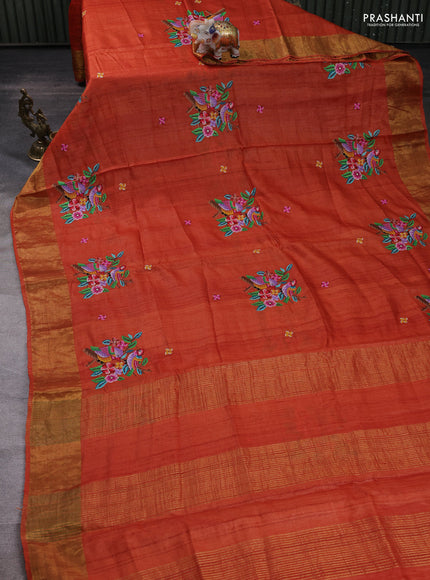 Orange Pure Tussar Silk - Embroidery
