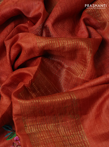 Orange Pure Tussar Silk - Embroidery