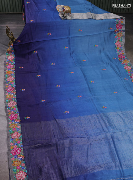Blue Ombre Pure Tussar Silk - Embroidery
