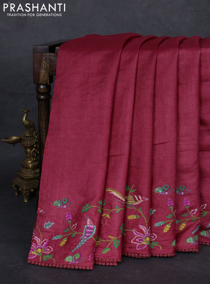Red Pure Tussar Silk - Embroidery