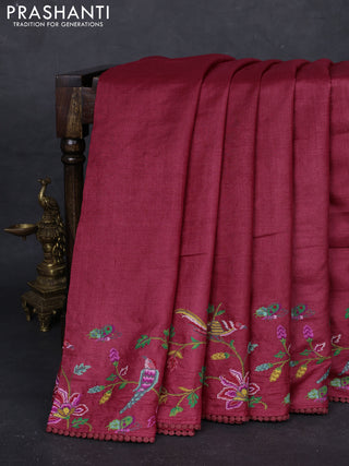 Red Pure Tussar Silk - Embroidery