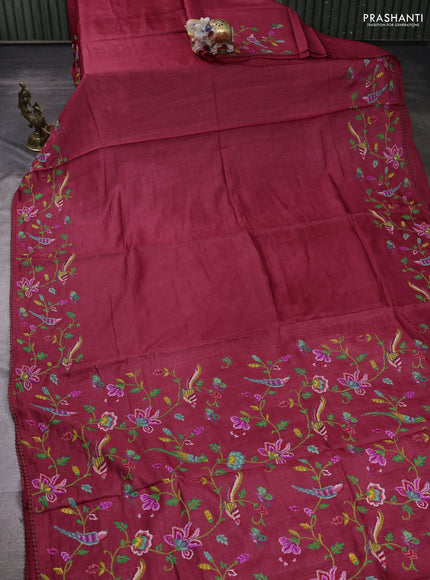 Red Pure Tussar Silk - Embroidery