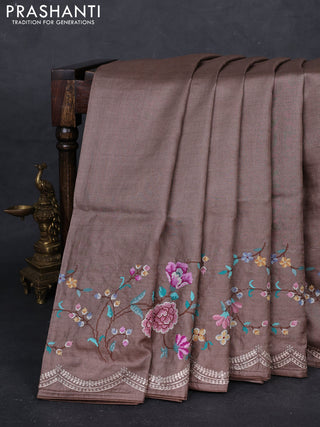 Pastel Brown Pure Tussar Silk - Embroidery