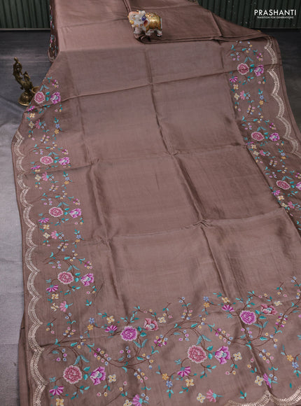 Pastel Brown Pure Tussar Silk - Embroidery