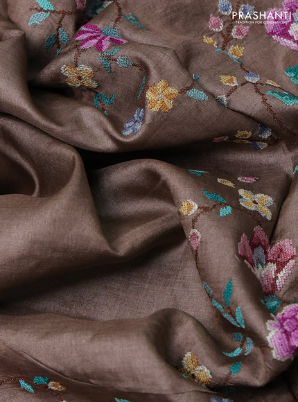 Pastel Brown Pure Tussar Silk - Embroidery