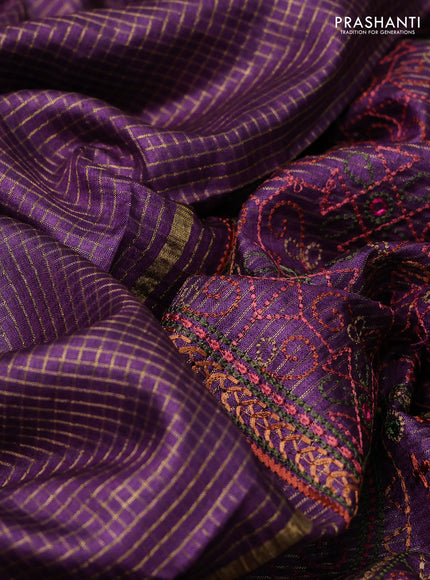 Purple Pure Tussar Silk - Embroidery