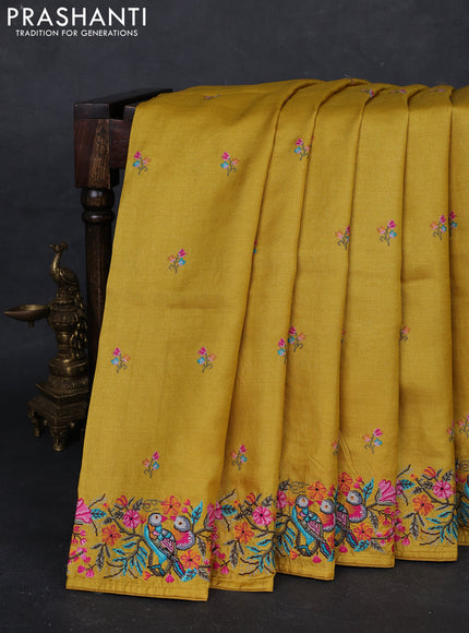 Mustard Yellow Pure Tussar Silk - Embroidery