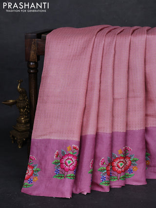 Peach & Mauve Pink Pure Tussar Silk - Embroidery