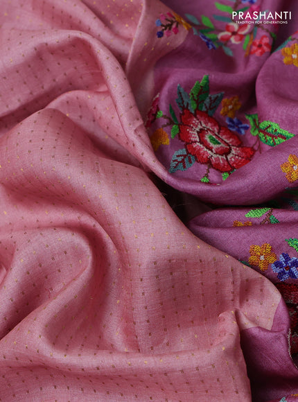 Peach & Mauve Pink Pure Tussar Silk - Embroidery