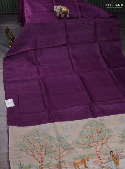 Purple & Beige Pure Tussar Silk - Embroidery