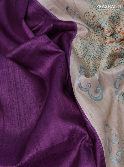 Purple & Beige Pure Tussar Silk - Embroidery