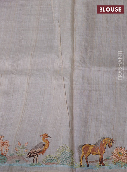 Purple & Beige Pure Tussar Silk - Embroidery