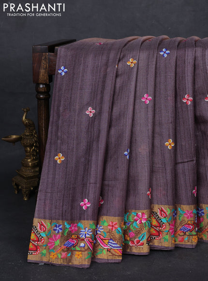 Pastel Peach & Grey Pure Tussar Silk - Embroidery