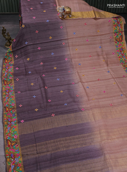 Pastel Peach & Grey Pure Tussar Silk - Embroidery