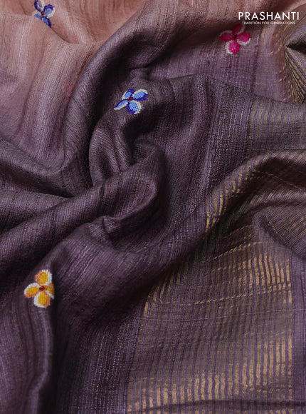 Pastel Peach & Grey Pure Tussar Silk - Embroidery
