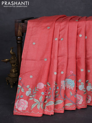Peach Pure Tussar Silk - Embroidery
