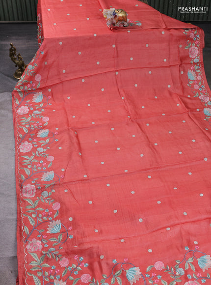 Peach Pure Tussar Silk - Embroidery