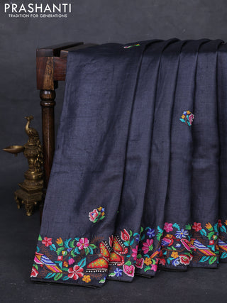 Black Pure Tussar Silk - Embroidery