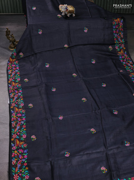 Black Pure Tussar Silk - Embroidery