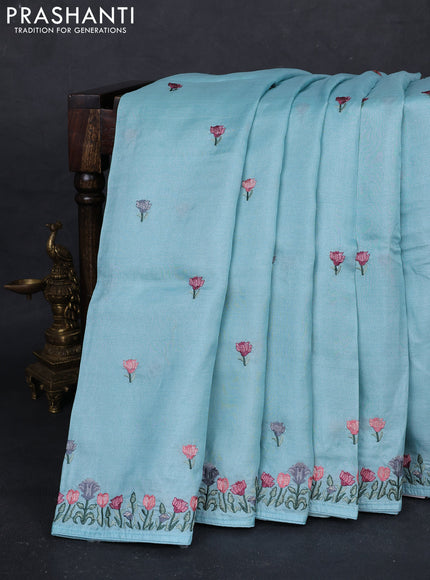 Aqua Blue Pure Tussar Silk - Embroidery