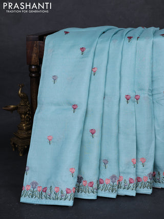 Aqua Blue Pure Tussar Silk - Embroidery