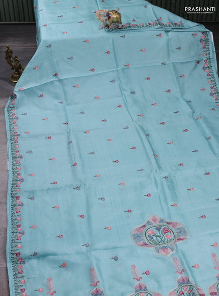 Aqua Blue Pure Tussar Silk - Embroidery