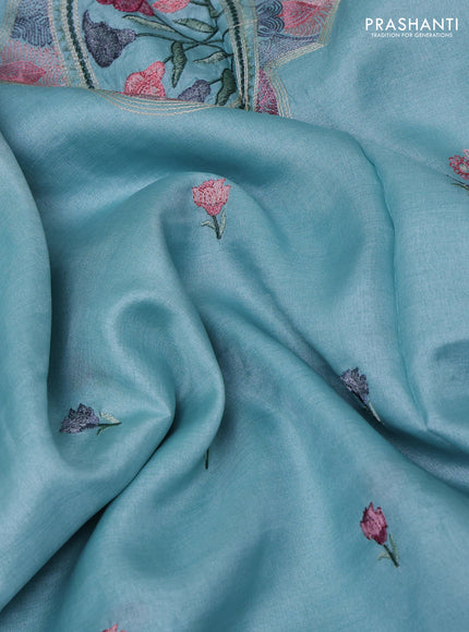 Aqua Blue Pure Tussar Silk - Embroidery