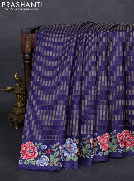 Navy Blue Pure Tussar Silk - Embroidery