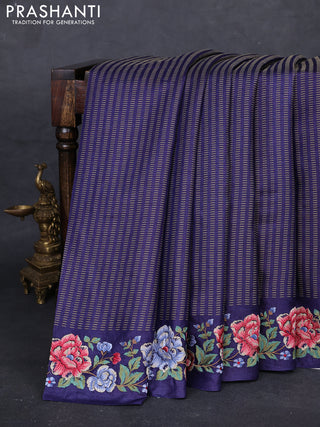 Navy Blue Pure Tussar Silk - Embroidery