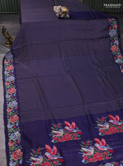 Navy Blue Pure Tussar Silk - Embroidery
