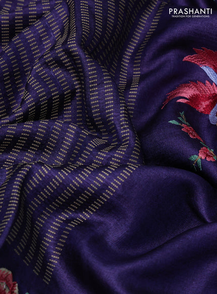 Navy Blue Pure Tussar Silk - Embroidery